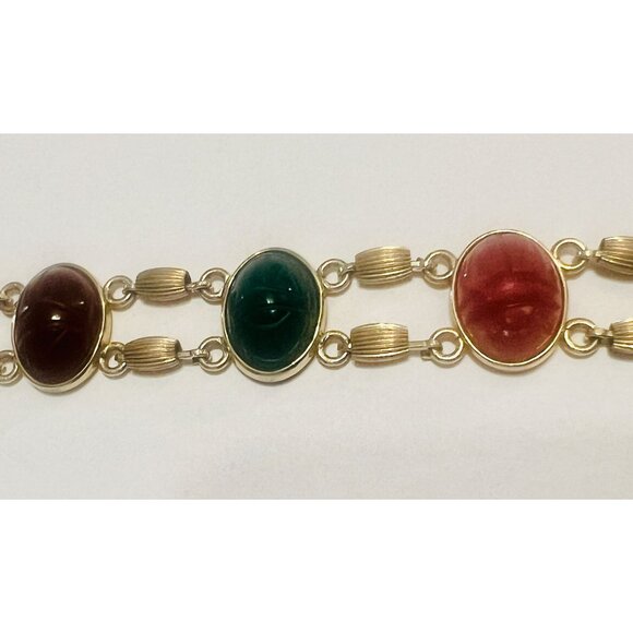 Egyptian Revival Krementz 14Kt Gold Overlay Scarab Bracelet Semi-Precious Stones - Picture 7 of 8